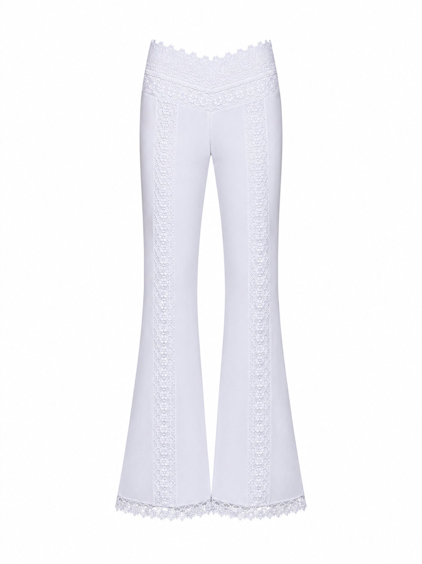 Pantaloni svasati Vianora in pizzo floreale e voile bianco