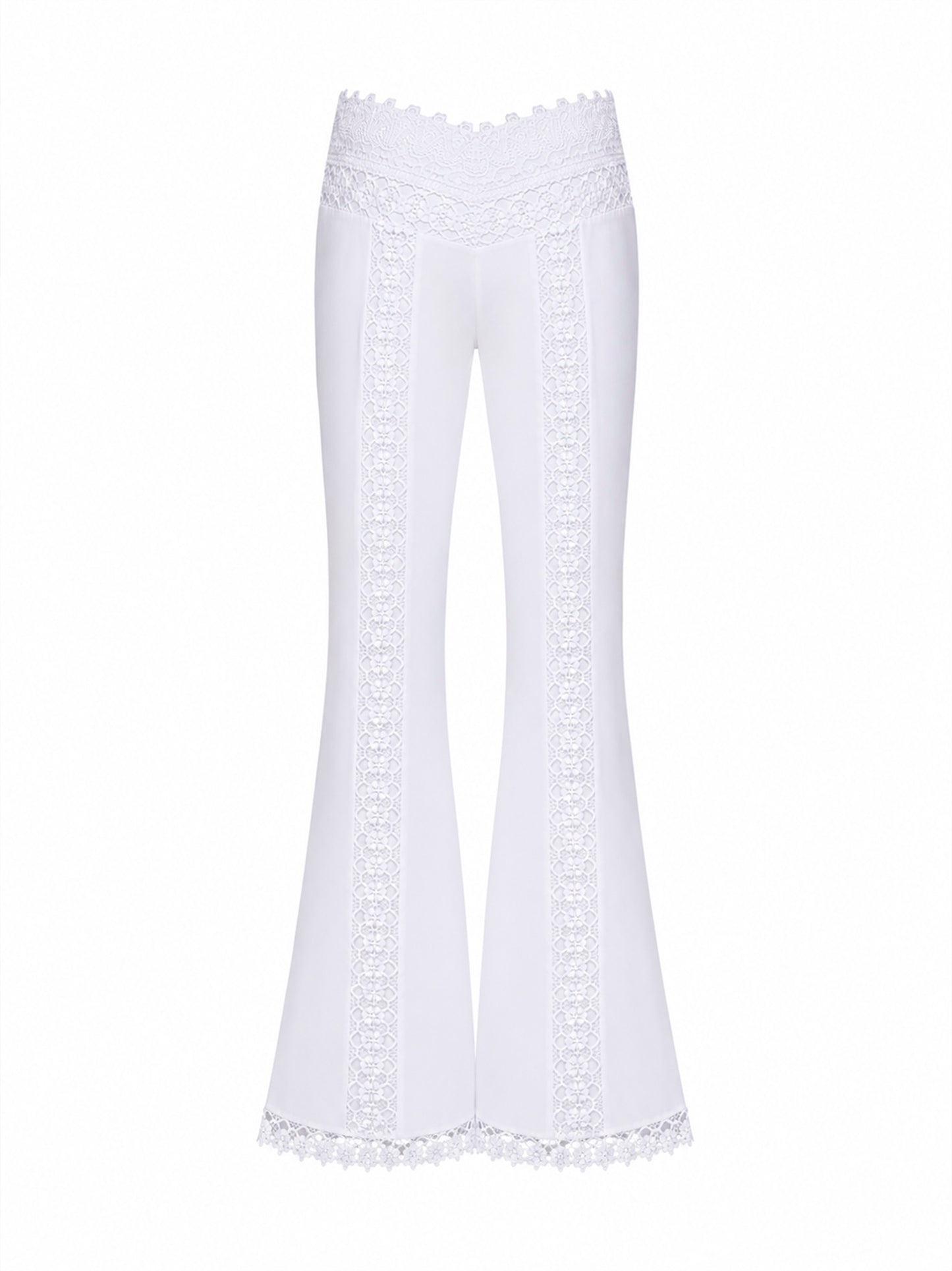 Pantaloni svasati Vianora in pizzo floreale e voile bianco