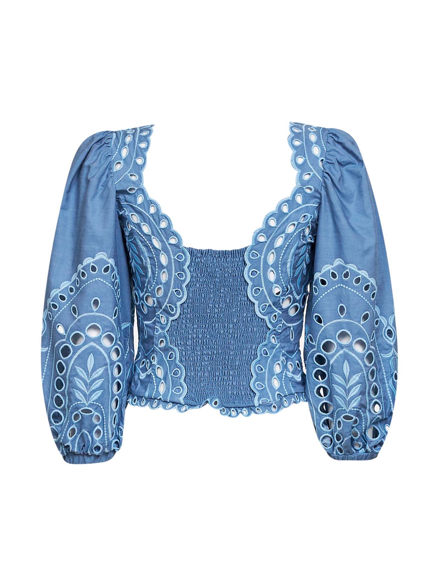 Top Bass in misto cotone ricamato azzurro