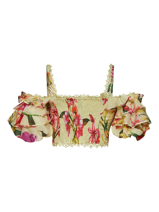 Yellow floral-print cotton Bloom cropped top