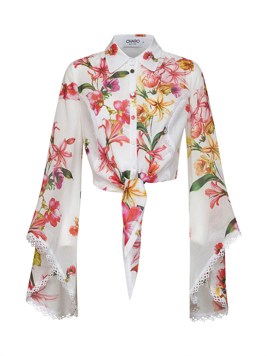 White floral-print cotton blouse Lei tied-waist shirt