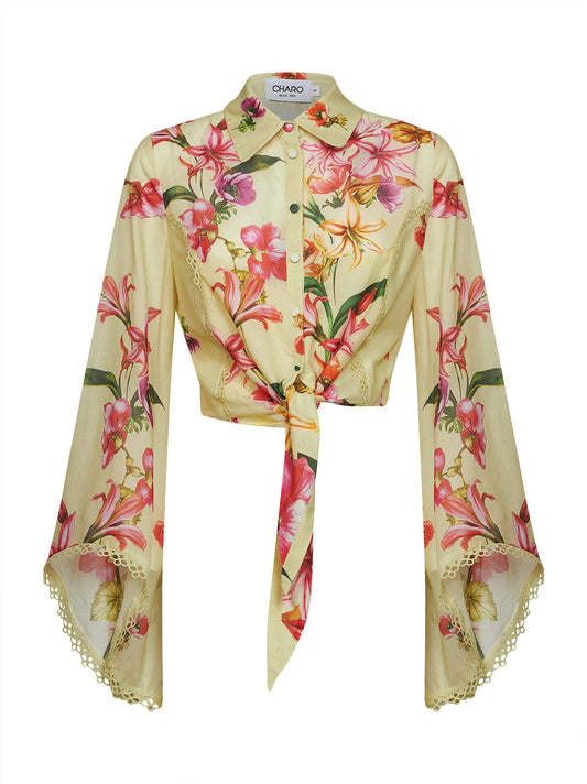 Yellow floral-print cotton blouse Lei tied-waist shirt