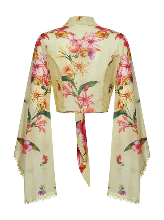 Yellow floral-print cotton blouse Lei tied-waist shirt