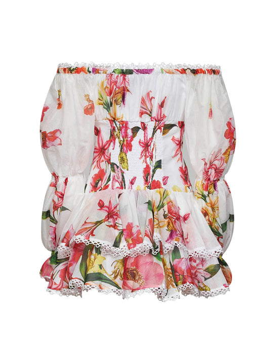 White floral-print cotton Azurea off-the-shoulder mini dress