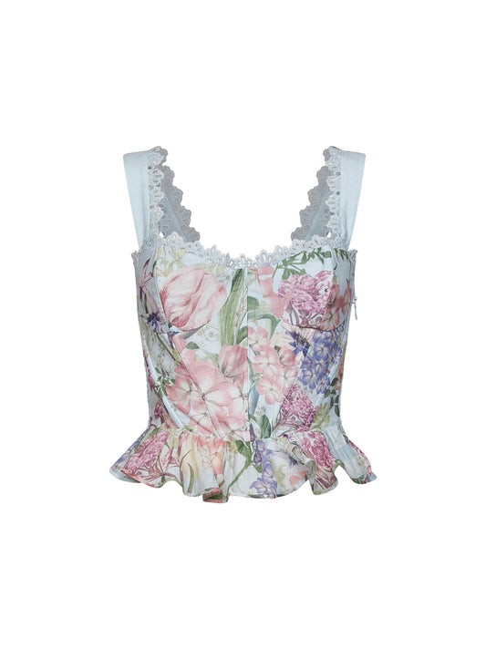 Light blue floral-print cotton Floret bustier top
