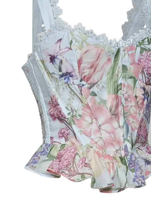 Light blue floral-print cotton Floret bustier top