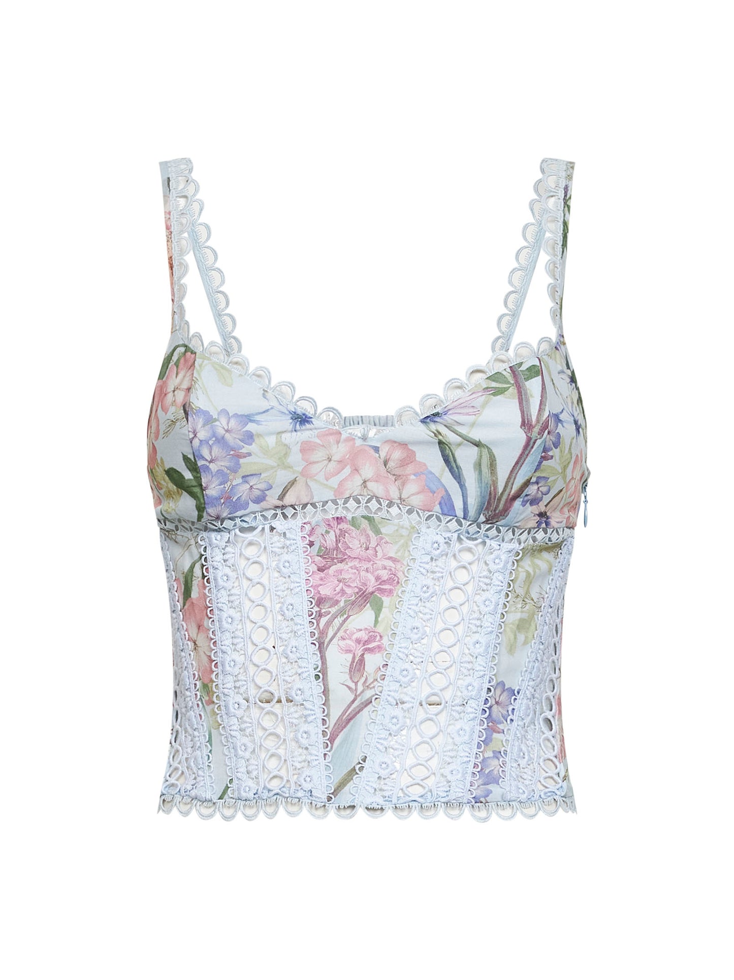 Top Poppy in misto cotone stampato e pizzo azzurro