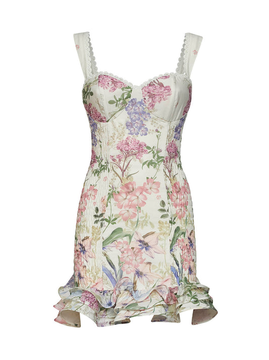 Cream printed cotton blend Sunil bustier mini dress