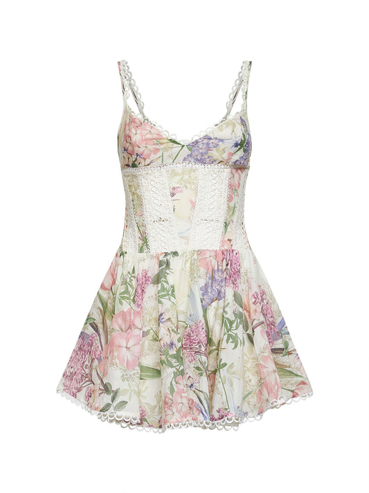 Cream printed cotton blend Gardenia mini dress