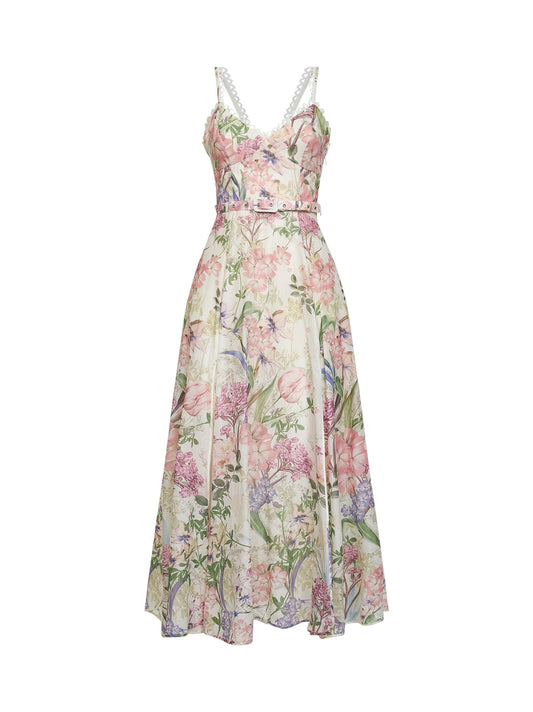 Cream printed cotton blend Iraso belted long dress