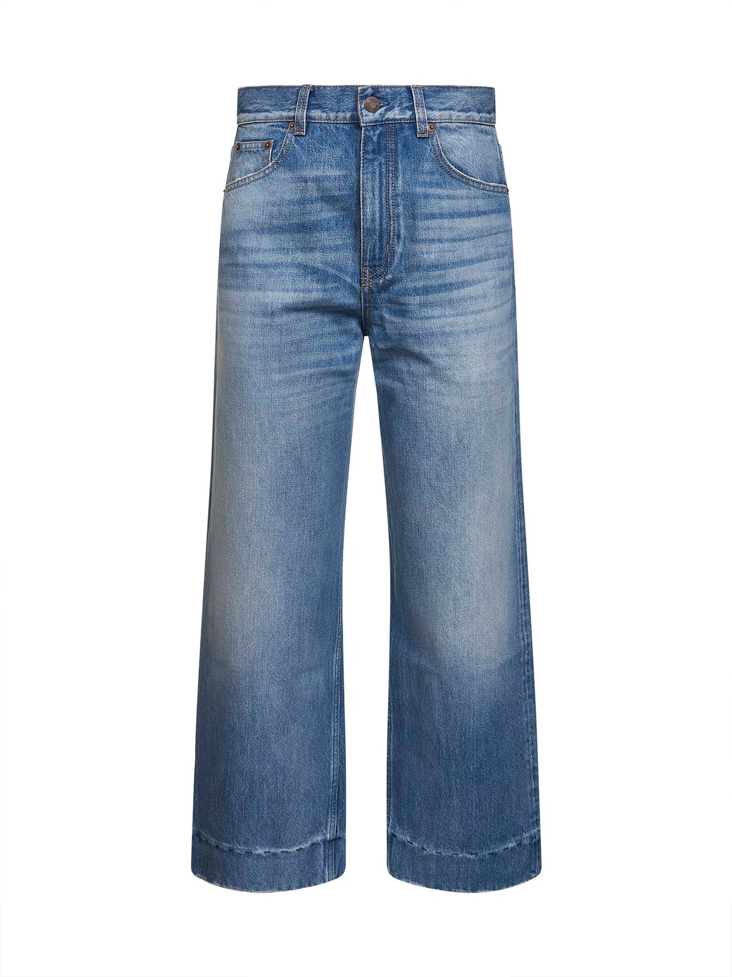Jeans crop a vita alta in denim azzurro