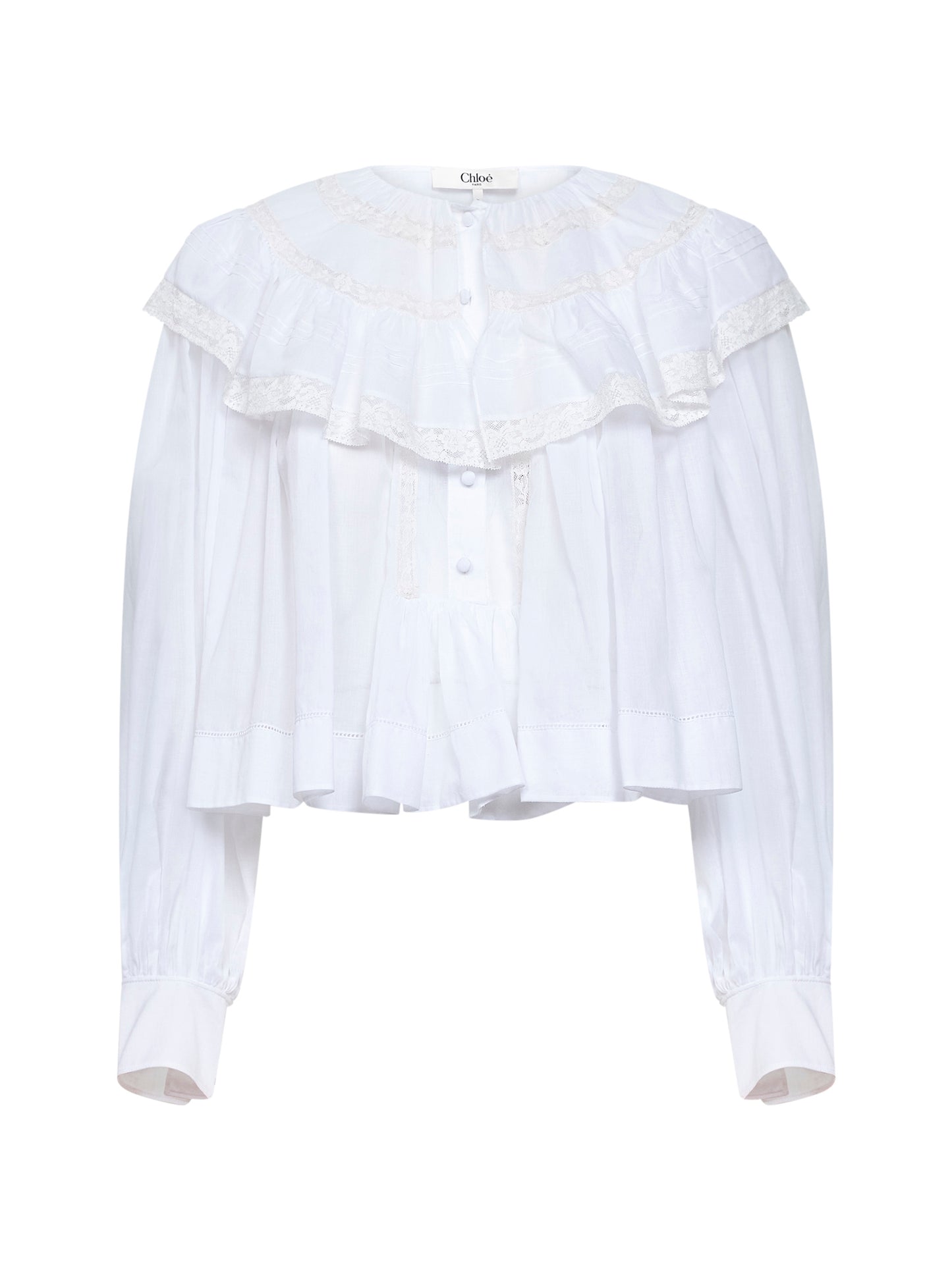 Top corto con volant in voile di cotone e pizzo latte