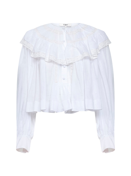 Milk cotton voile and lace ruffled cropped top
