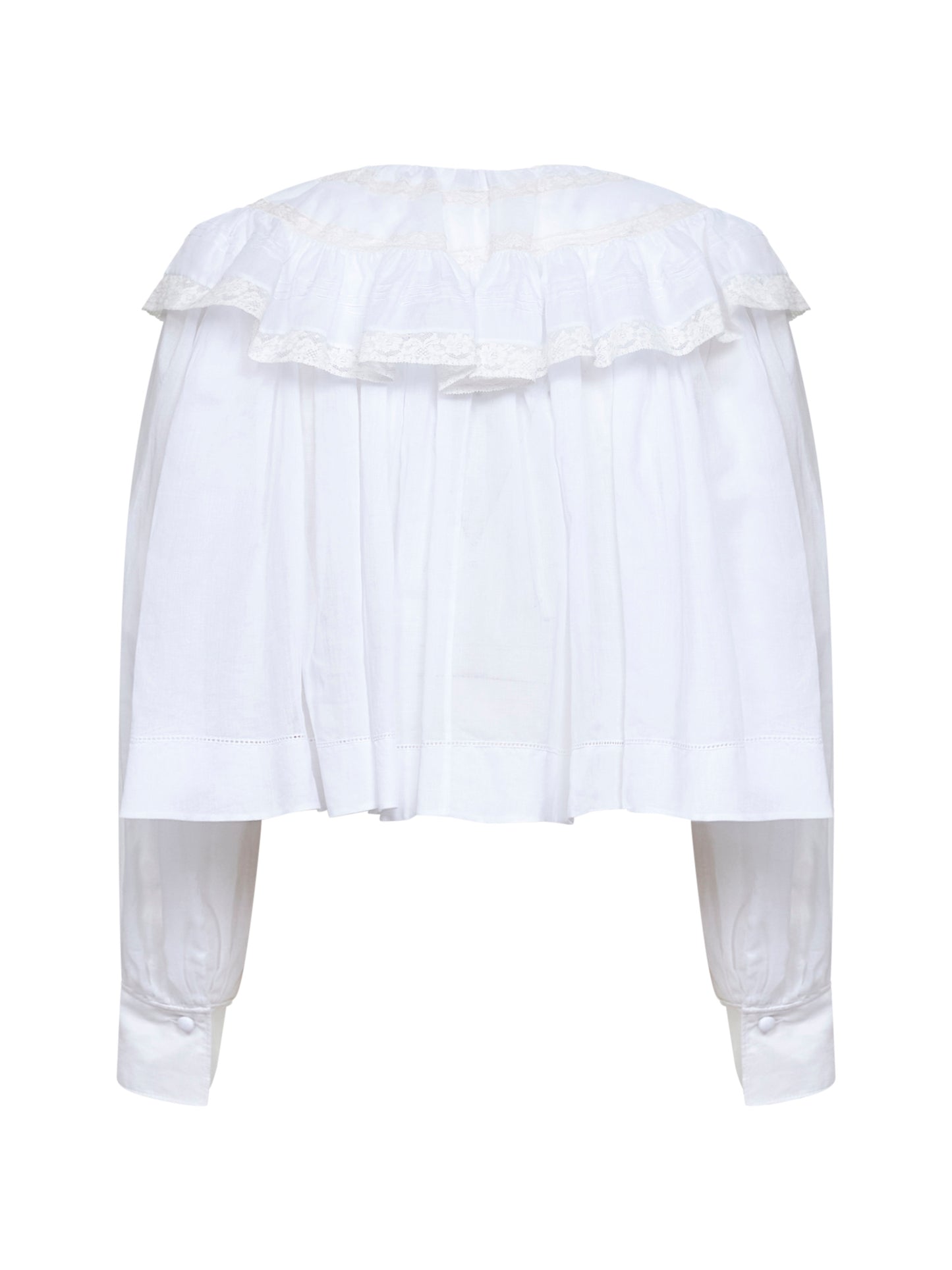 Top corto con volant in voile di cotone e pizzo latte