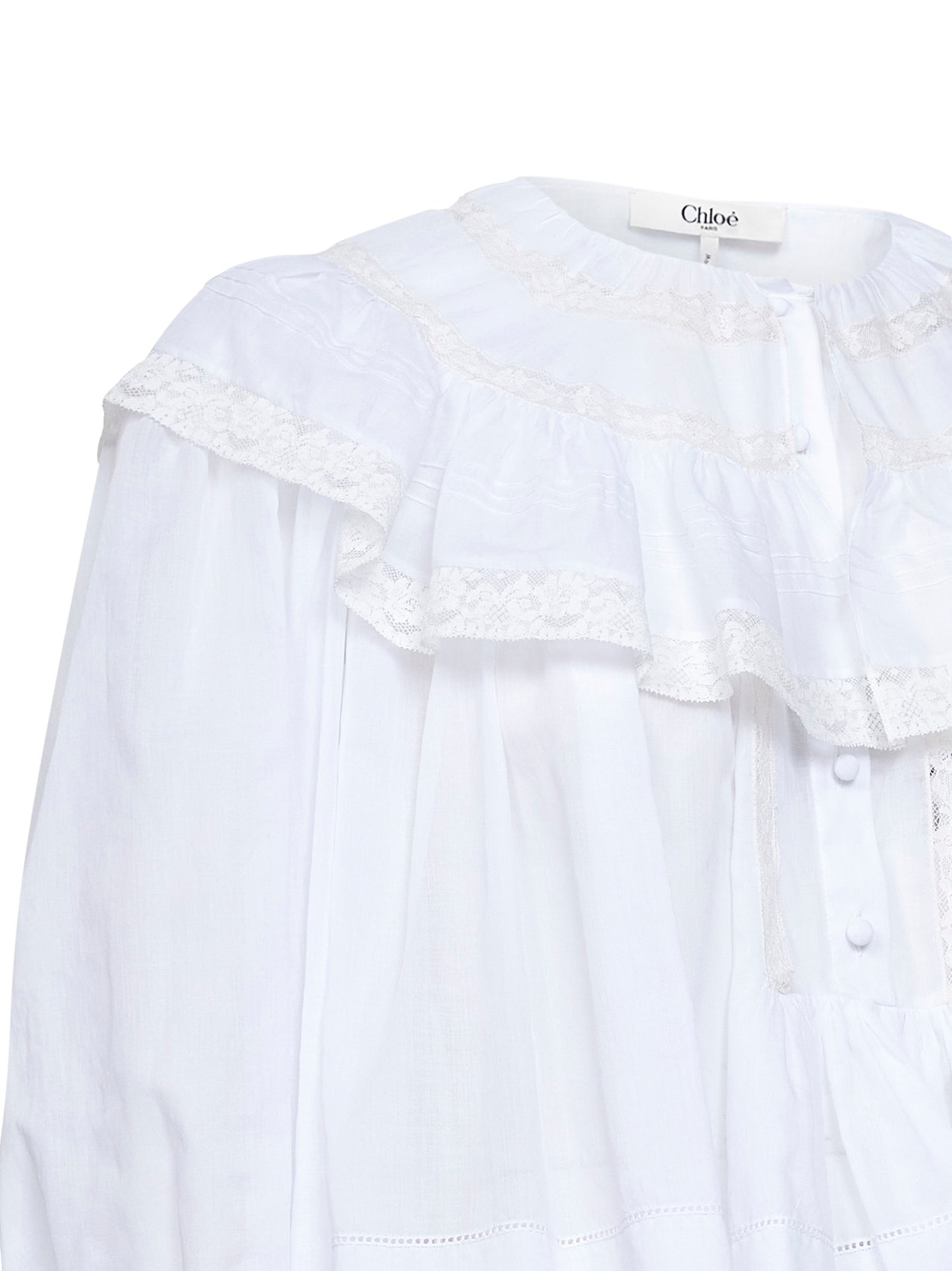 Top corto con volant in voile di cotone e pizzo latte