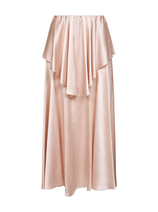 Pink washed silk satin fluid layered midi skirt