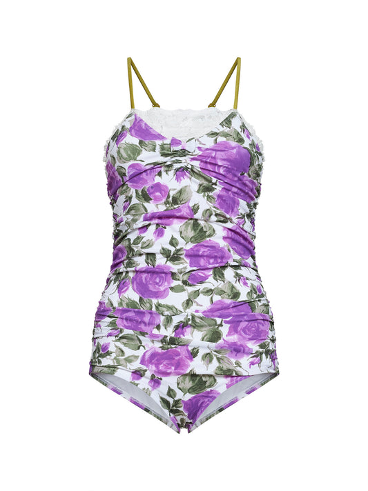 White and purple rose-print stretch polyamide gathered bodysuit