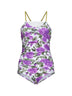 Body arricciato in poliammide stretch stampa rose bianco e viola