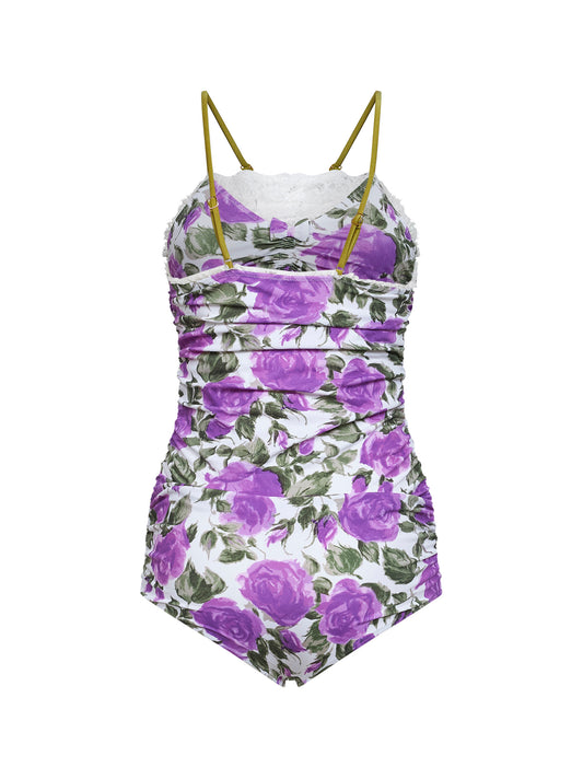 White and purple rose-print stretch polyamide gathered bodysuit
