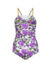 Body arricciato in poliammide stretch stampa rose bianco e viola