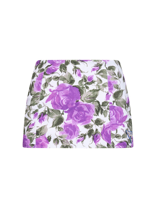 White and purple rose-print lycra high-waisted swim skirt