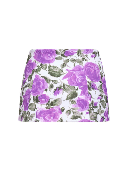 White and purple rose-print lycra high-waisted swim skirt