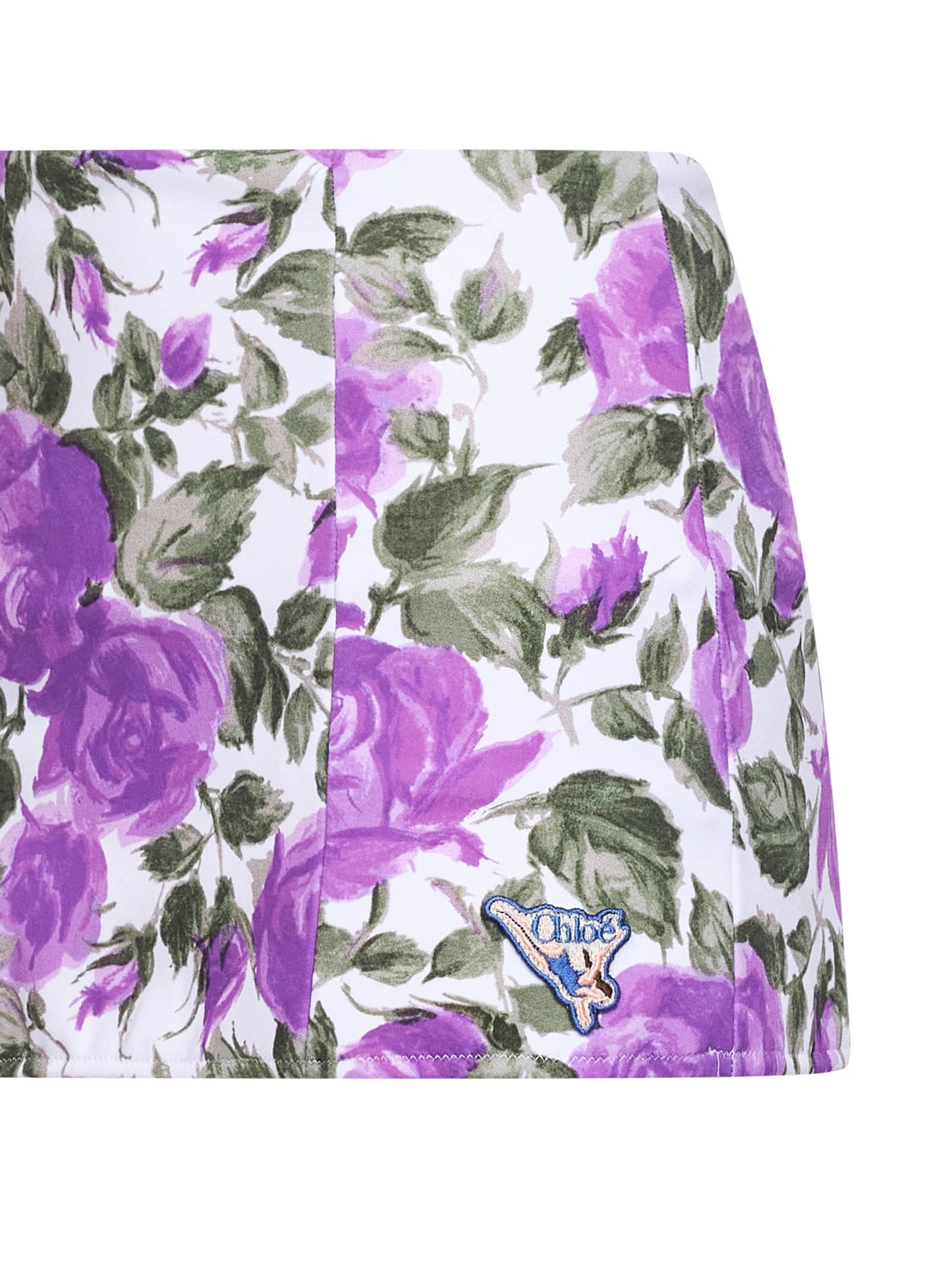 Gonna da bagno a vita alta in lycra stampa rose bianco e viola