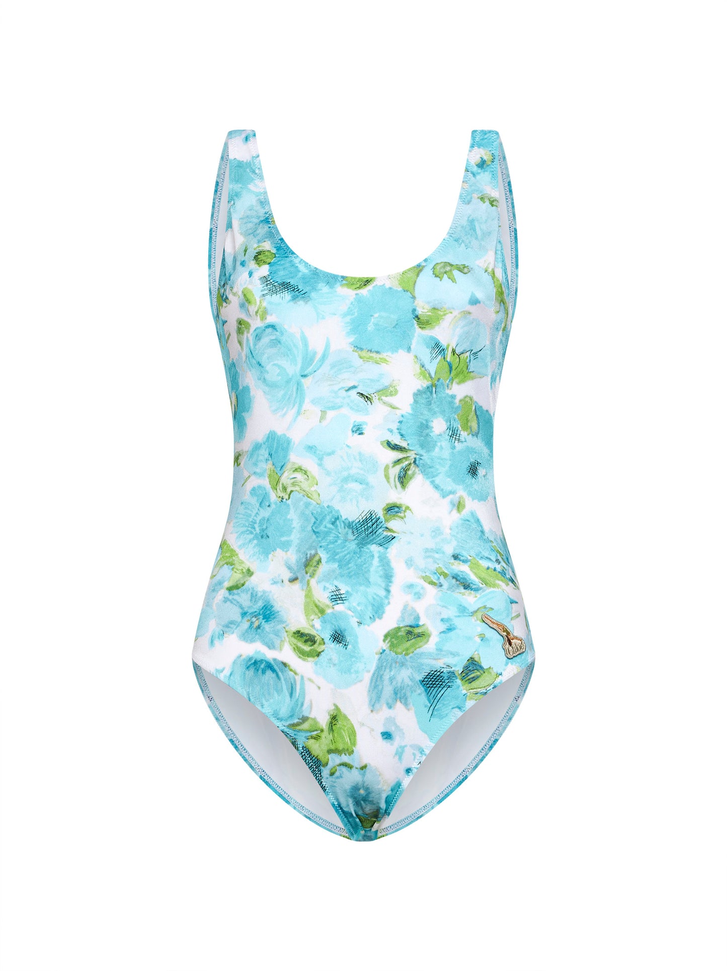 White and blue aqua flower-print lycra one-piece swimsuit