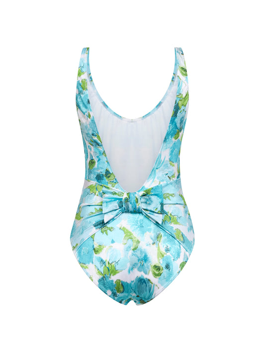 White and blue aqua flower-print lycra one-piece swimsuit