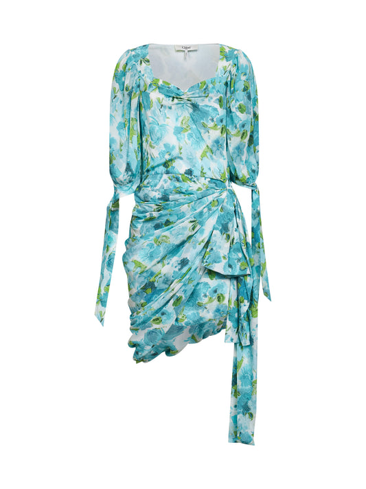 White and blue printed silk mini dress