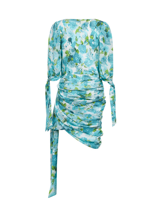 White and blue printed silk mini dress