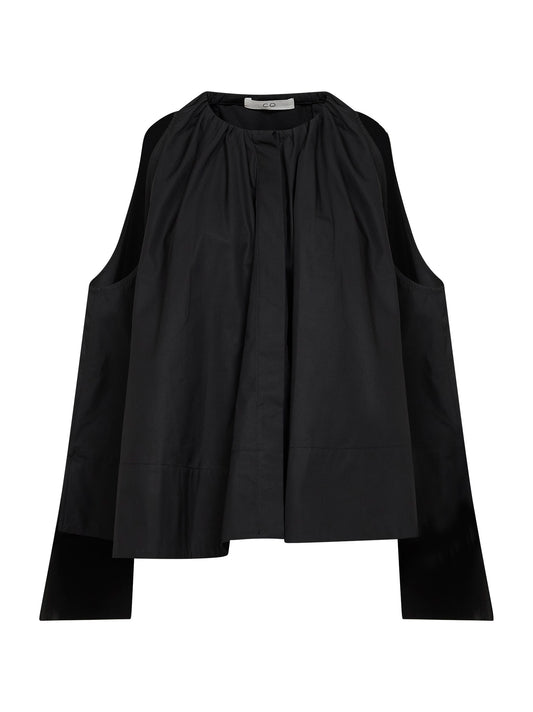 Black cotton satin gathered tunic shirt