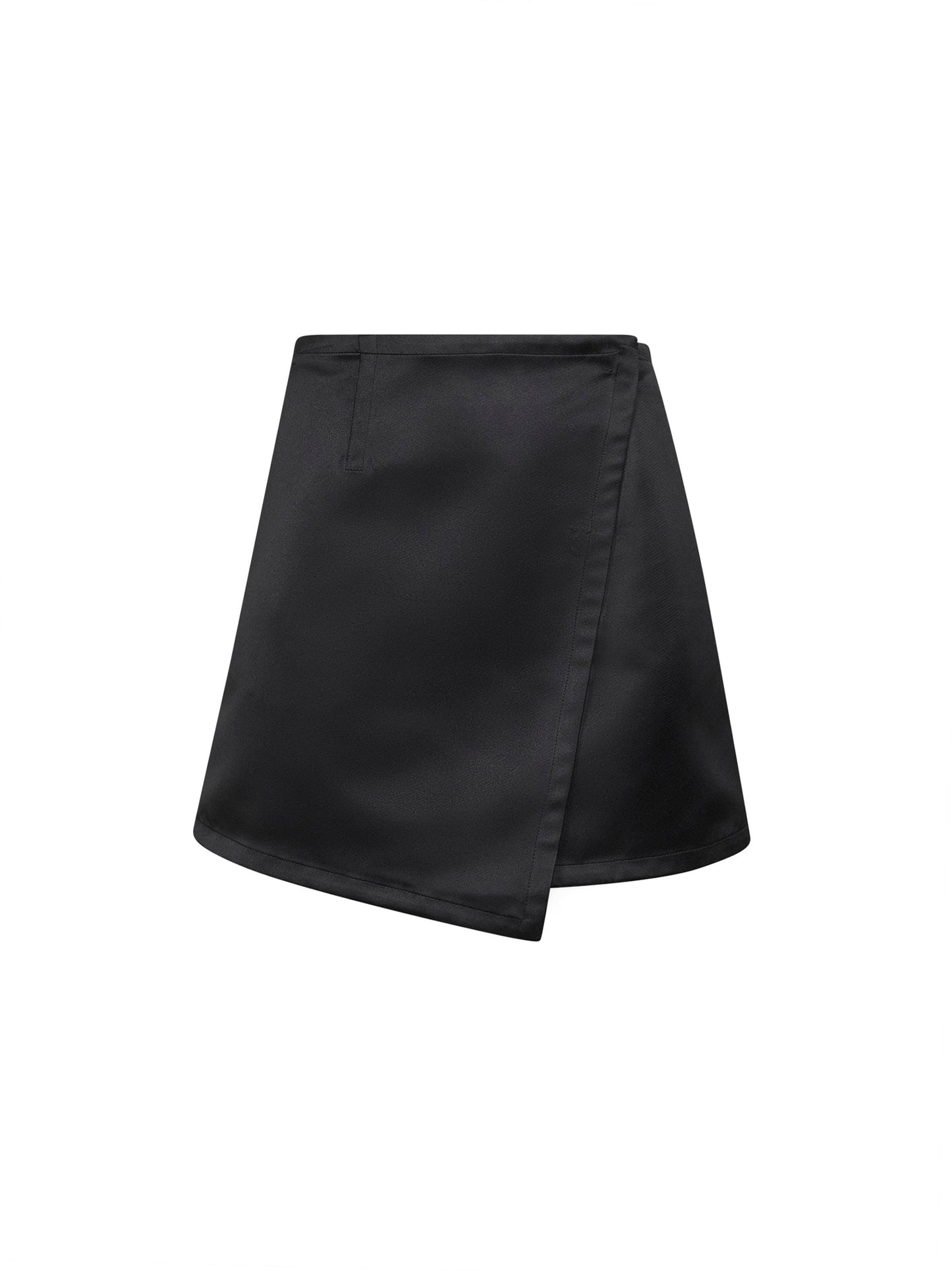 Black duchesse satin wrap mini skirt