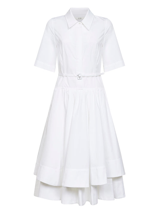 Abito midi con cintura in popeline di cotone bianco