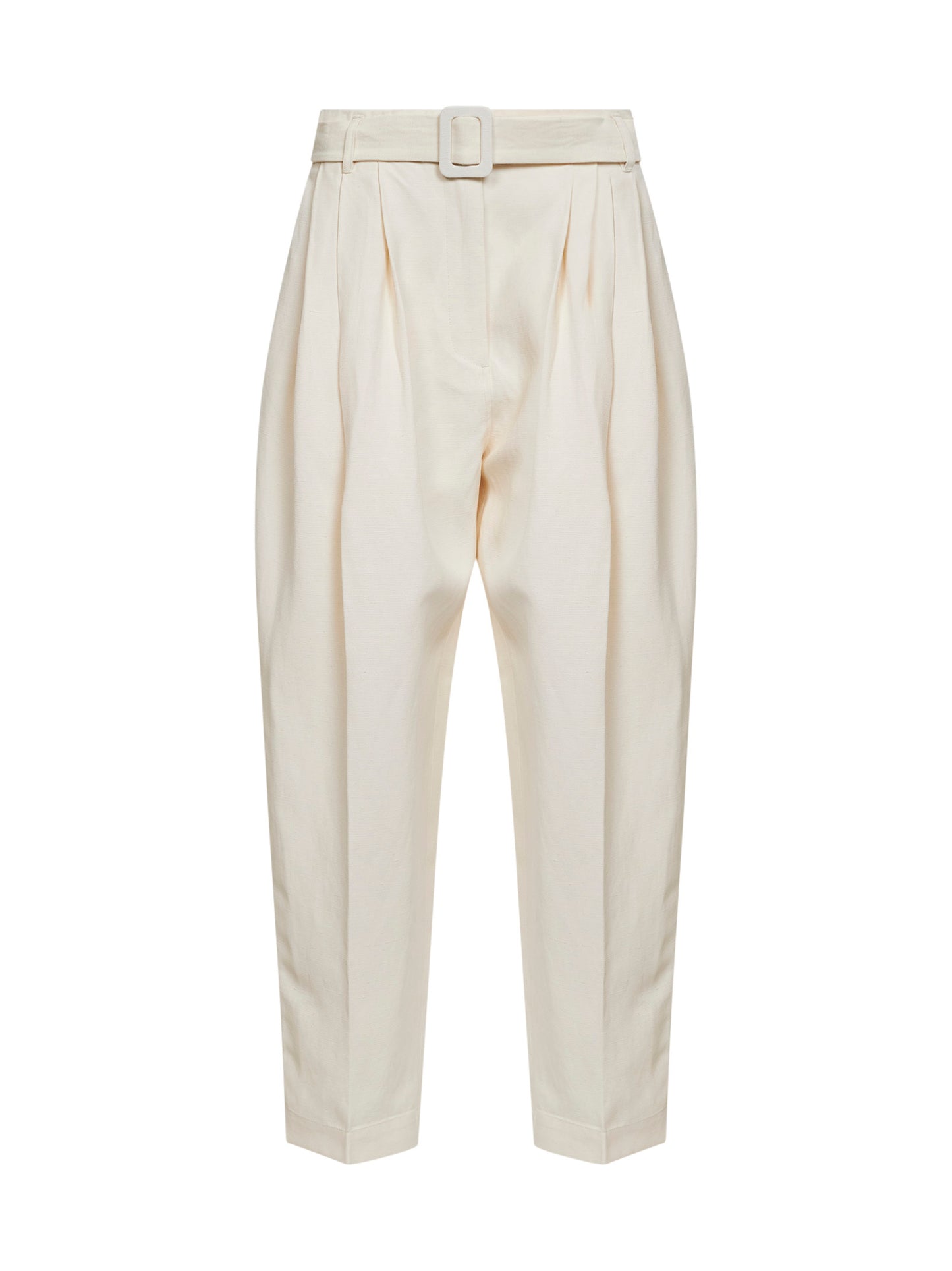 Pantaloni con pinces e cintura in viscosa e lino perla