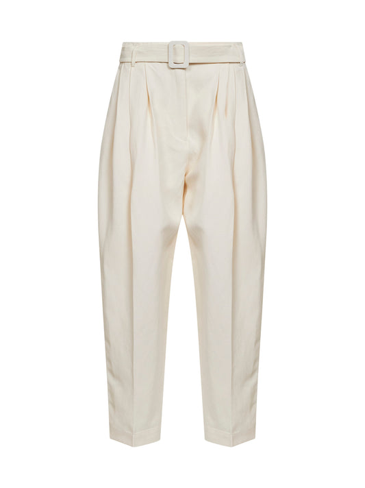 Pearl viscose and linen pleated belted trousers