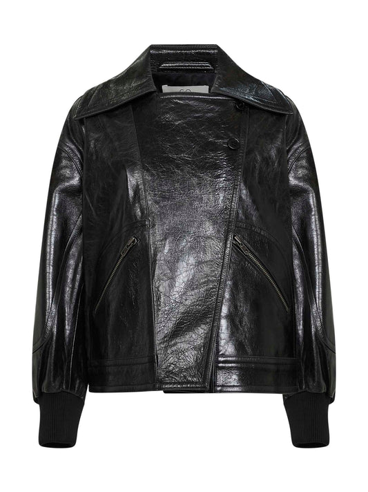 Black leather oversized bomber jacket
