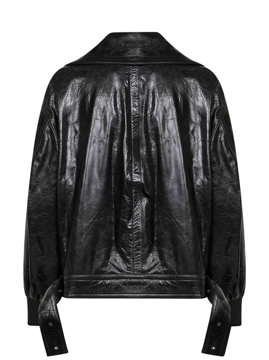 Black leather oversized bomber jacket