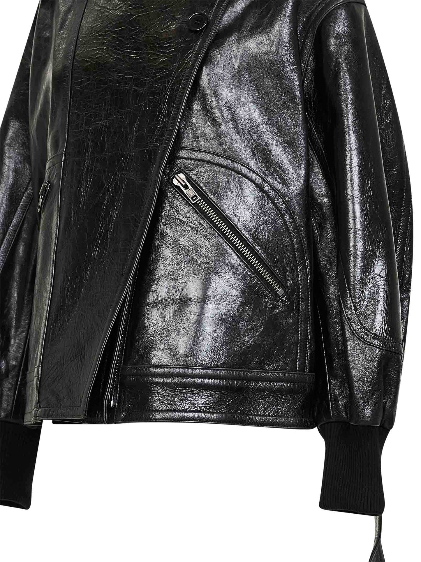 Black leather oversized bomber jacket