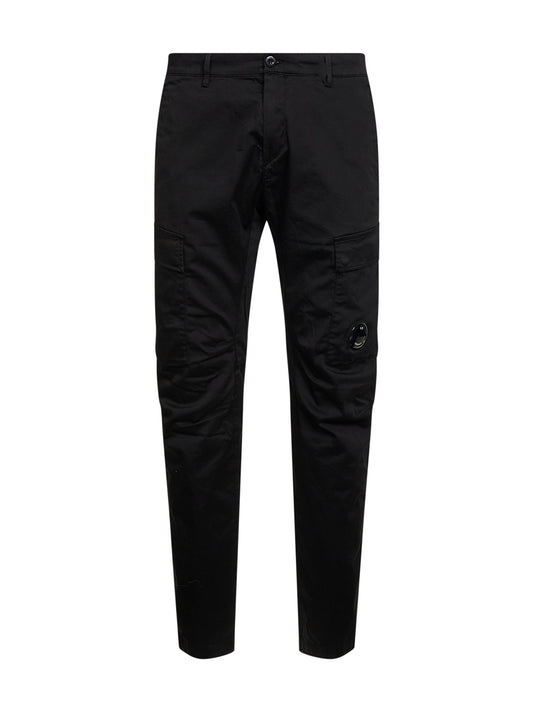 Black stretch cotton satin cargo trousers