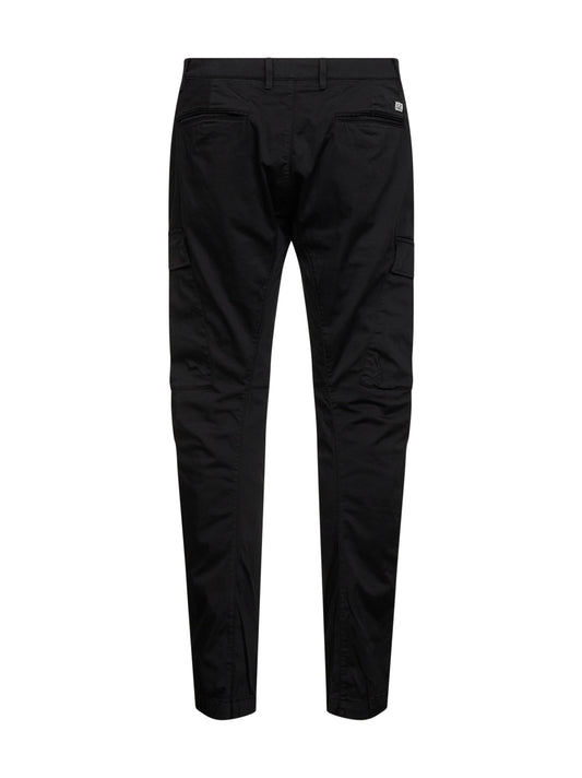 Black stretch cotton satin cargo trousers