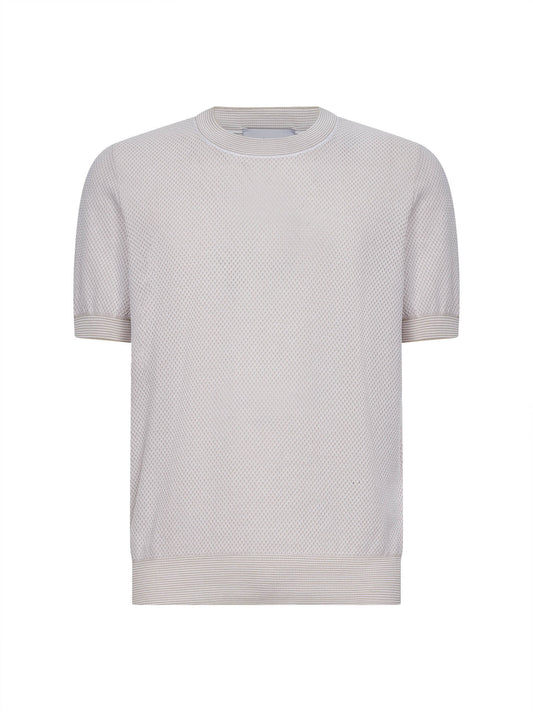 Beige jacquard cotton knit crewneck sweater