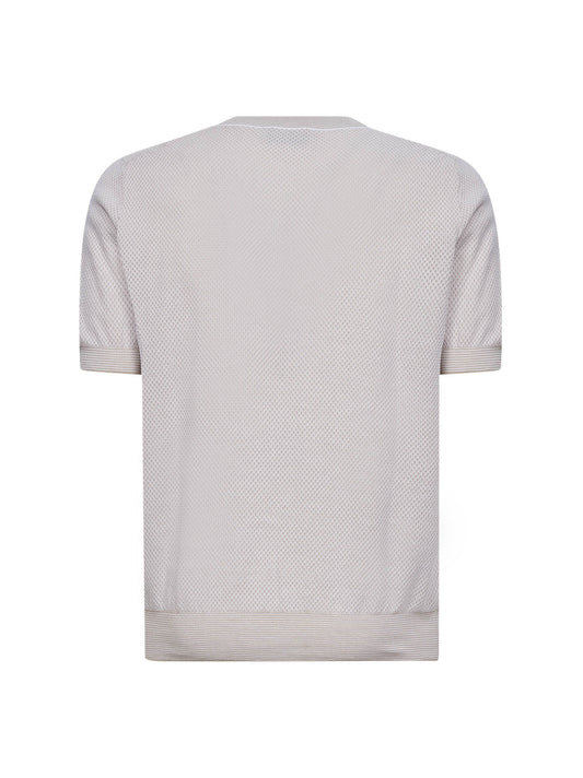 Beige jacquard cotton knit crewneck sweater