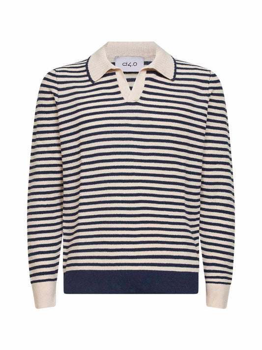 Striped linen and cotton knit long-sleeved polo shirt