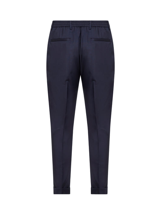 Dark navy stretch wool blend slim carrot trousers