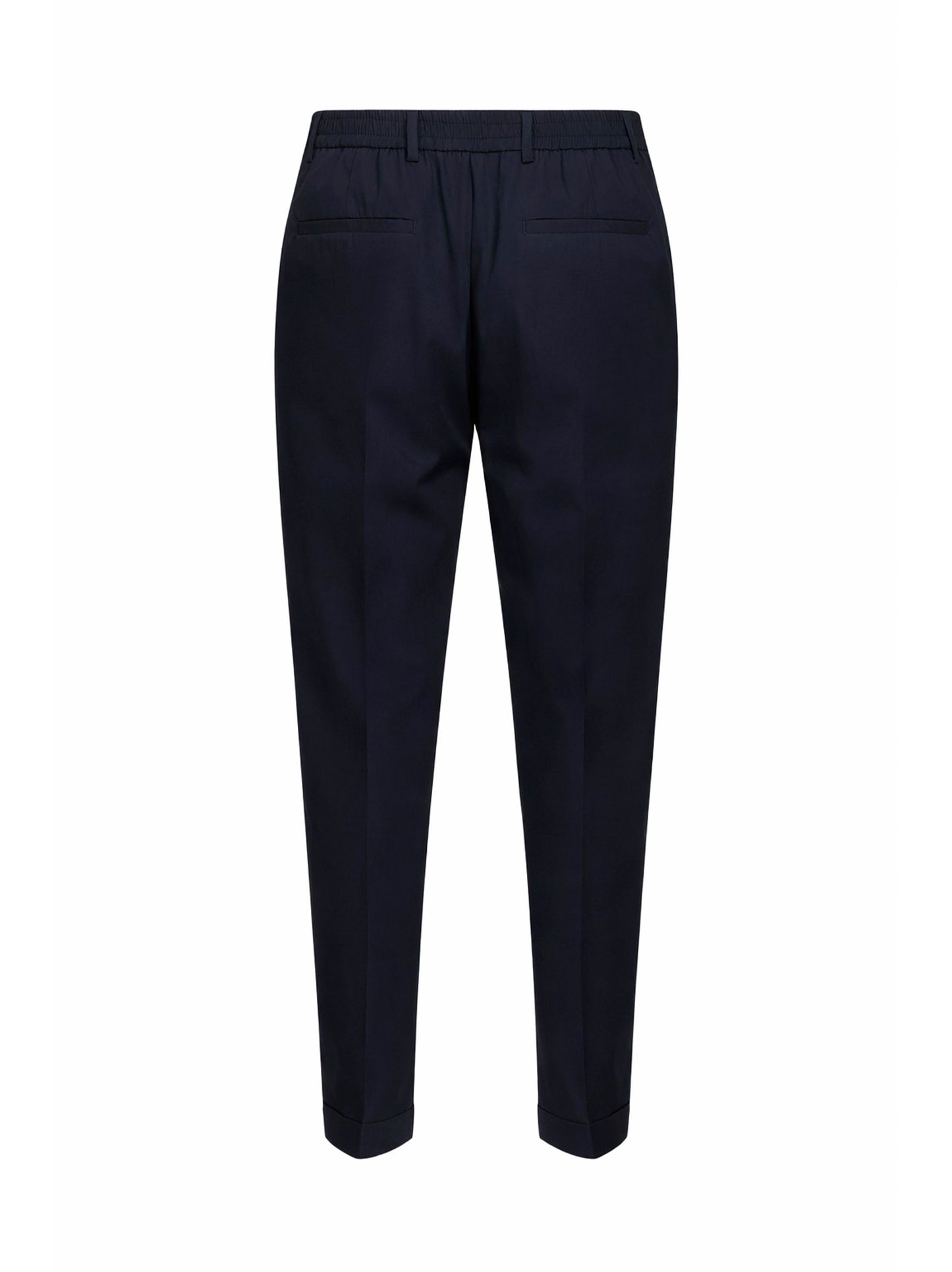 Dark navy stretch cotton blend slim carrot trousers