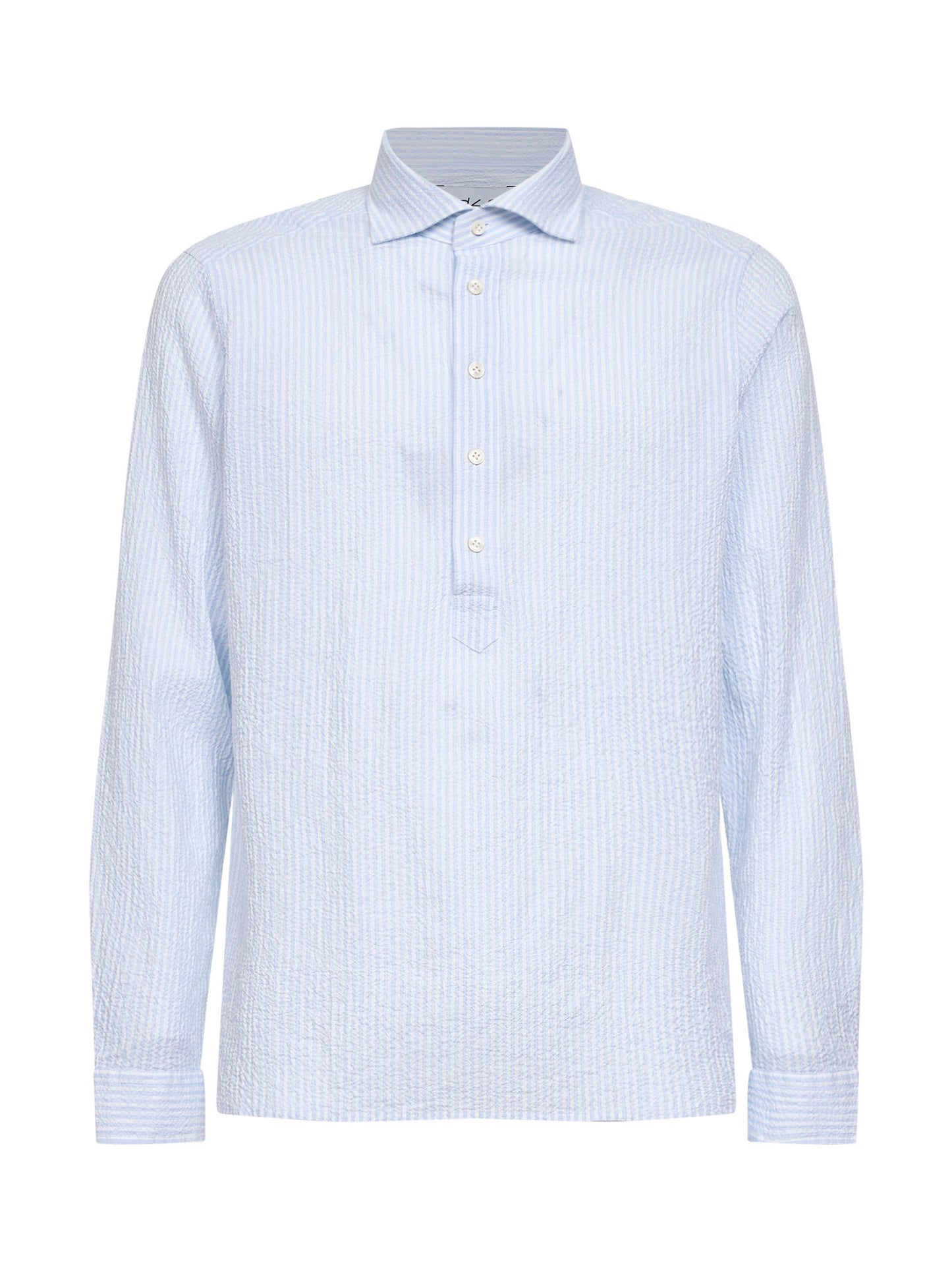 Light blue and white striped seersucker shirt-style polo shirt