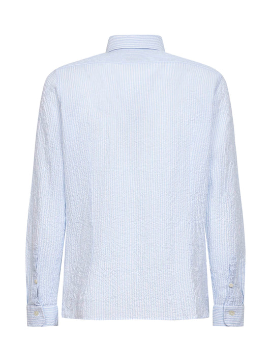 Light blue and white striped seersucker shirt-style polo shirt