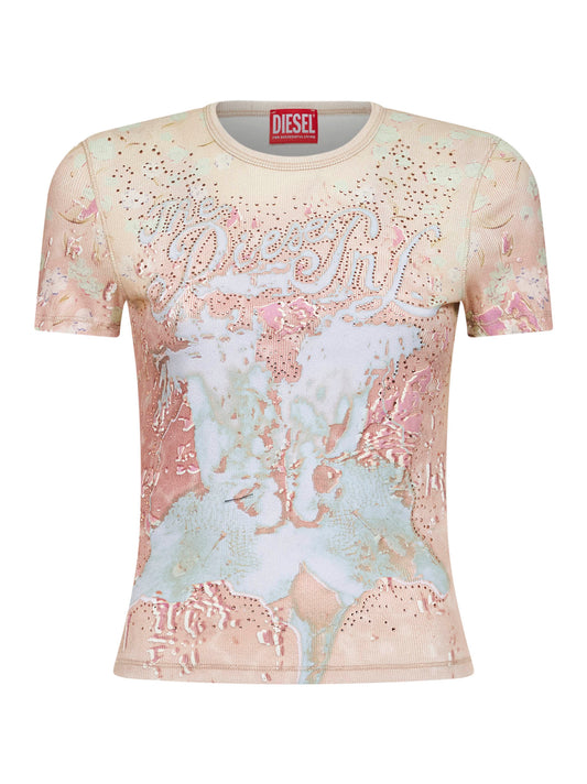 T-shirt T-Bril in jersey a costine rosa con strass <BR/>