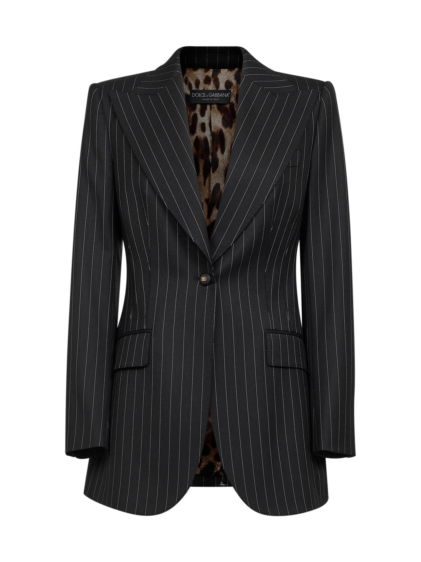 Black pinstriped stretch wool single-breasted jacket